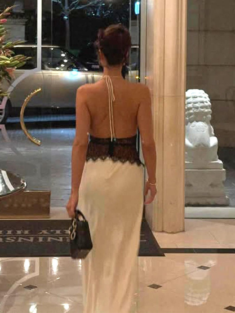 Deep V-neck Silk Satin Maxi Dress With Halter Neck And Cinched Waist