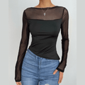 Mesh patchwork irregular solid long sleeve top  | Festival Outfits Women