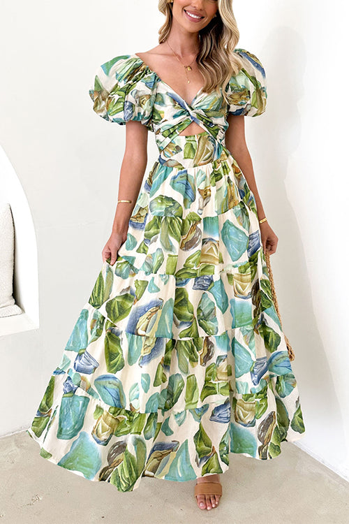 Twist Front Puff Sleeves Ruffle Tiered Printed Maxi Dress