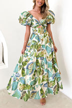 Twist Front Puff Sleeves Ruffle Tiered Printed Maxi Dress