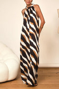 Tie Neck Sleeveless Color Block Printed Maxi Dress