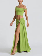 Off-shoulder Crop Top Tank Top And Fitted Side Slit Skirt Two-piece Set