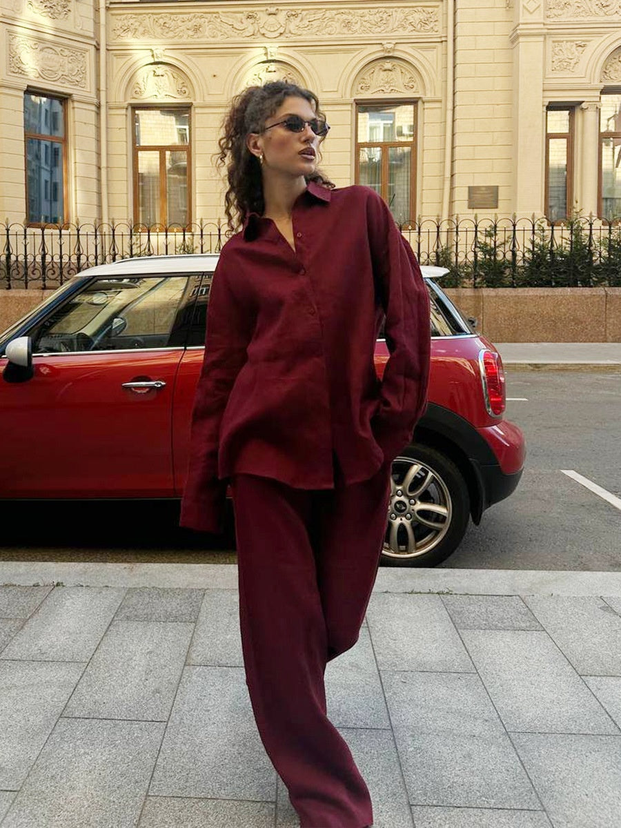 Loose-fitting Long-sleeved Shirt And Casual Trousers Two-piece Set
