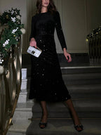 Crew Neck Long Sleeve Allover Sequin Bodycon Midi Dress
