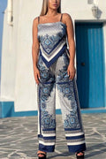 Tie Knot Backless Cami Top Wide Leg Pants Printed Set
