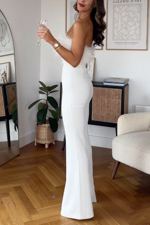 Strapless Feather Tube Top Flare Bottoms Jumpsuit