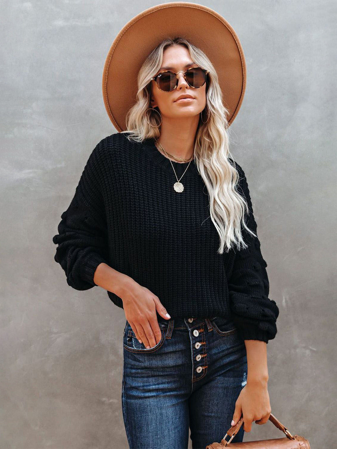 Solid Color Knit Pullover Sweater With Bubble Sleeve For Women 2026