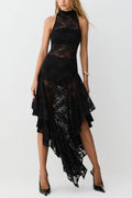 Fashionable Sheer Lace Sleeveless Fitted Ruffled Irregular Midi Dress