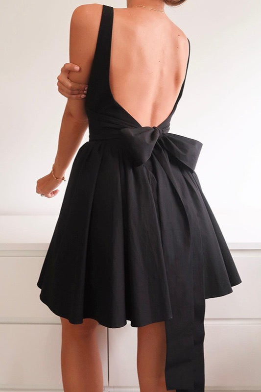 Square Neck Corset Basque Waist Bow Back Pleated Mini Dress