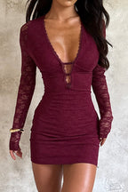 Floral Lace Deep V-Neck Cut Out Long Sleeve Bodycon Mini Dress