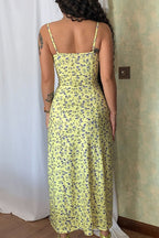 Floral Print Lace Trim Sweetheart Spaghetti Strap Thigh Slit Midi Dress