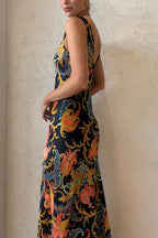 Satin Botanical Print Deep V-Neck Slip Maxi Dress