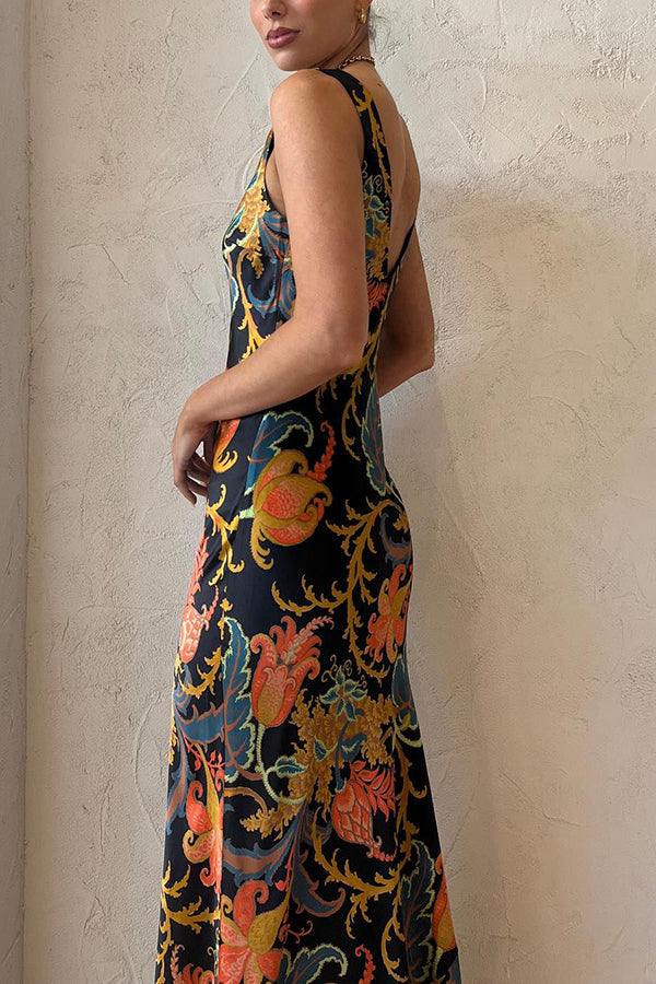 Satin Botanical Print Deep V-Neck Slip Maxi Dress
