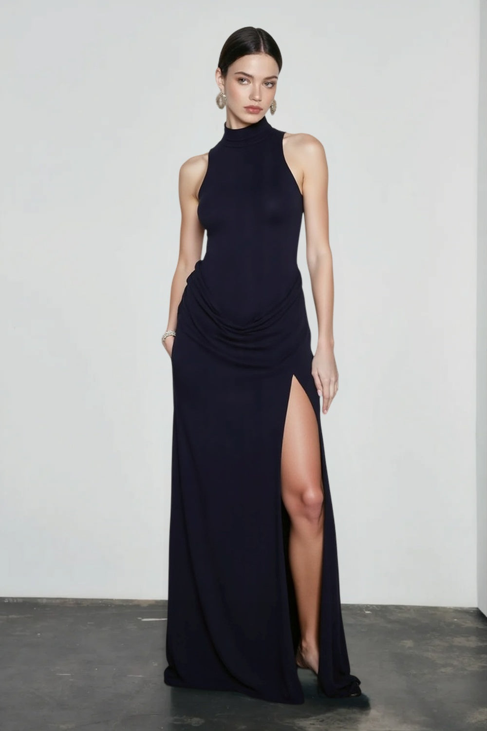 Mock Neck Sleeveless Draped Ruched Hip High Split Maxi Gown