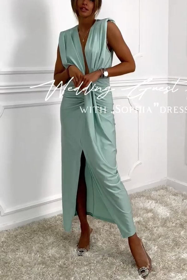 Deep V-Neck Twisted Knot Waist Ruched Front Slit Satin Maxi Dress