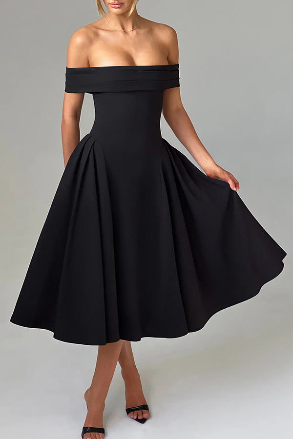 Off Shoulder Foldover Cuff Pleated Pocket Fit and Flare Midi Dress