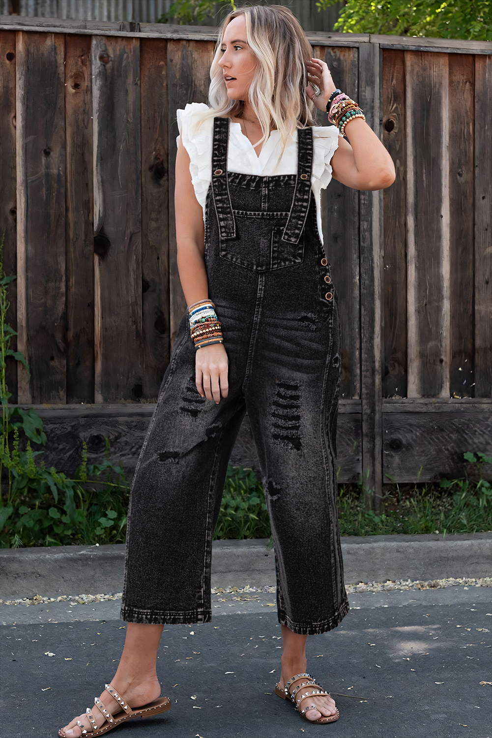 Blue Zone Planet | Stone Blue Distressed Bib Pocket Wide Leg Denim Overall
