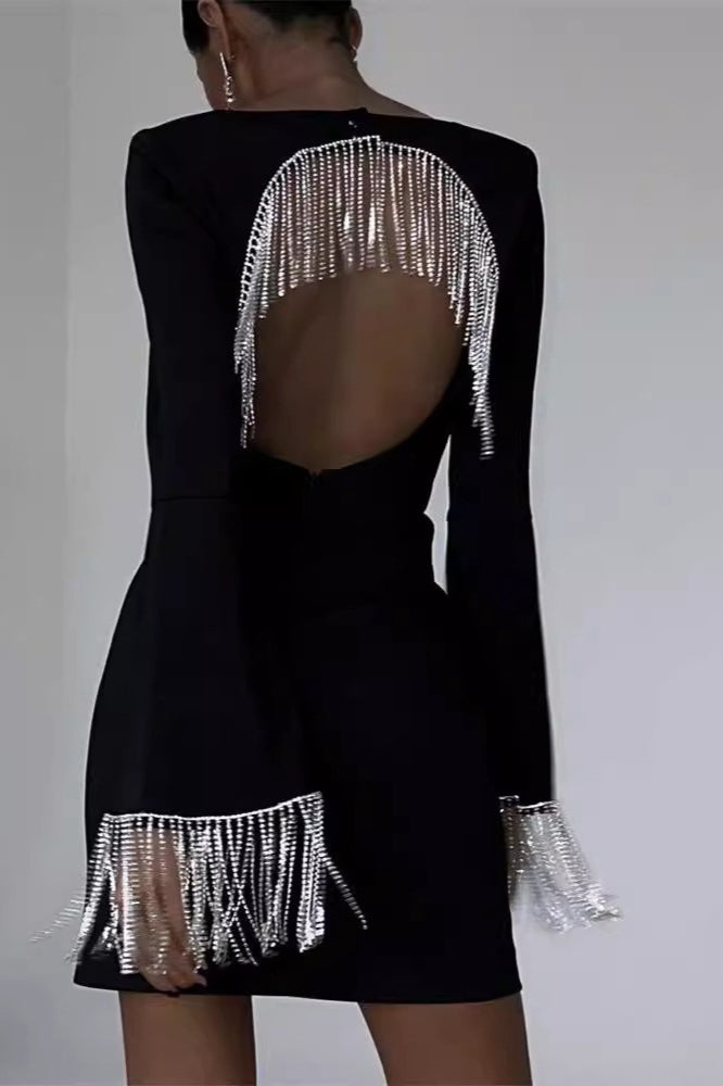 Square Neck Bell Sleeve Rhinestone Fringe Trim Bodycon Midi Cocktail Dress
