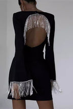 Square Neck Bell Sleeve Rhinestone Fringe Trim Bodycon Midi Cocktail Dress