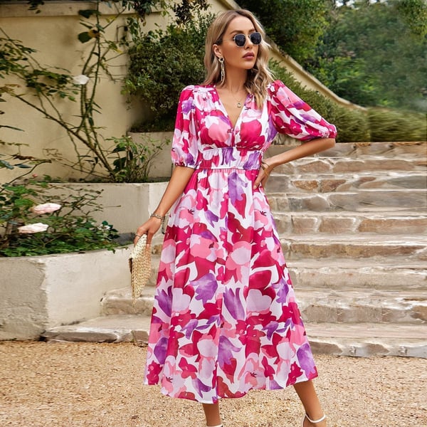 Pilar Chic Women's Printed V Neck Dress Silhouette Collection