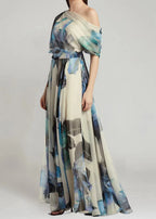 Ladies' French Sky Blue Asymmetric Printed Chiffon Long Skirt Summer