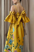 Floral Print Cold Shoulder Ruffle Sleeve Empire Waist Pocket Midi Dress