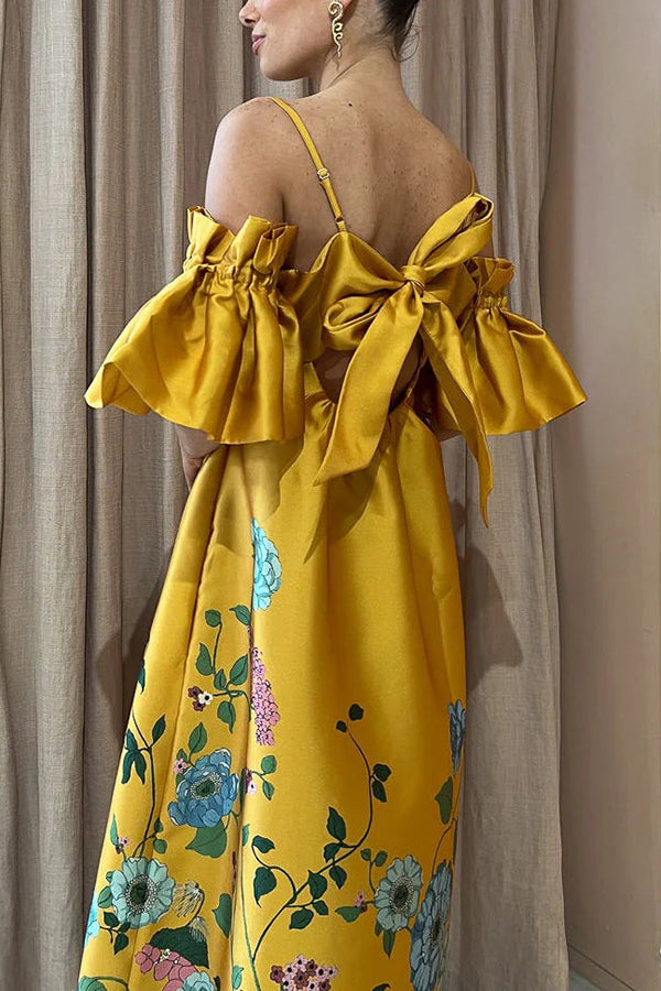 Floral Print Cold Shoulder Ruffle Sleeve Empire Waist Pocket Midi Dress