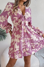 Floral Print Tie Front Deep V-Neck Smocked Waist Tiered Ruffle Mini Dress