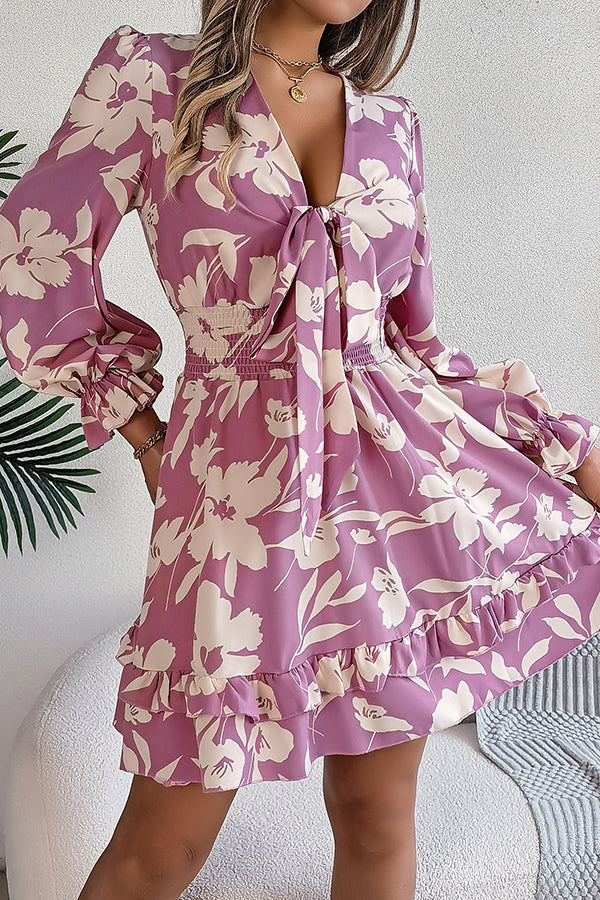 Floral Print Tie Front Deep V-Neck Smocked Waist Tiered Ruffle Mini Dress