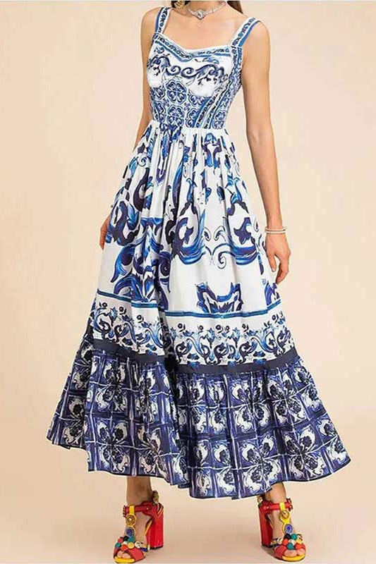 Wide Strap Sweetheart Baroque Print Tiered Ruffle Maxi Dress