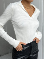 Solid Color Ribbed Polo Neck Sweater