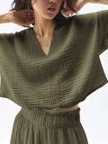 Loose-fitting, Slimming, Solid Color, Pleated Cotton T T-shirt