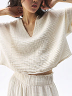 Loose-fitting, Slimming, Solid Color, Pleated Cotton T T-shirt