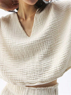 Loose-fitting, Slimming, Solid Color, Pleated Cotton T T-shirt