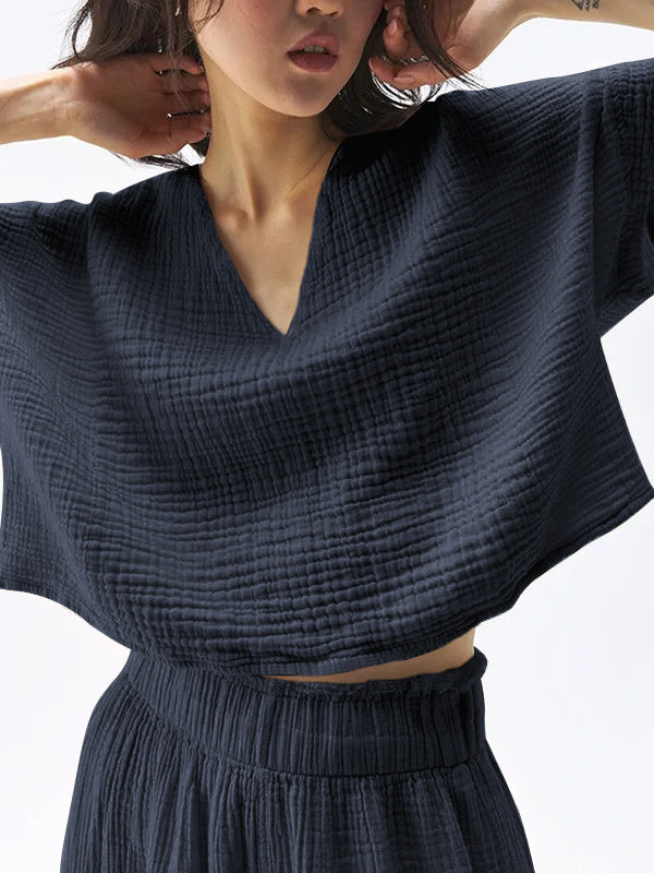 Loose-fitting, Slimming, Solid Color, Pleated Cotton T T-shirt