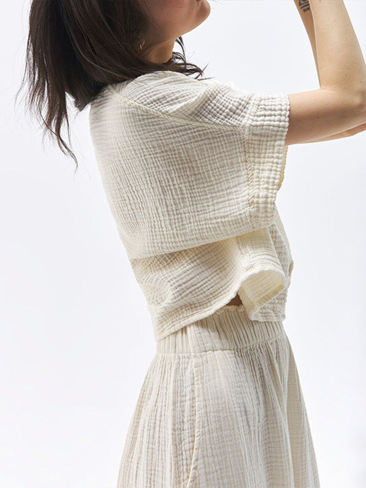 Loose-fitting, Slimming, Solid Color, Pleated Cotton T T-shirt