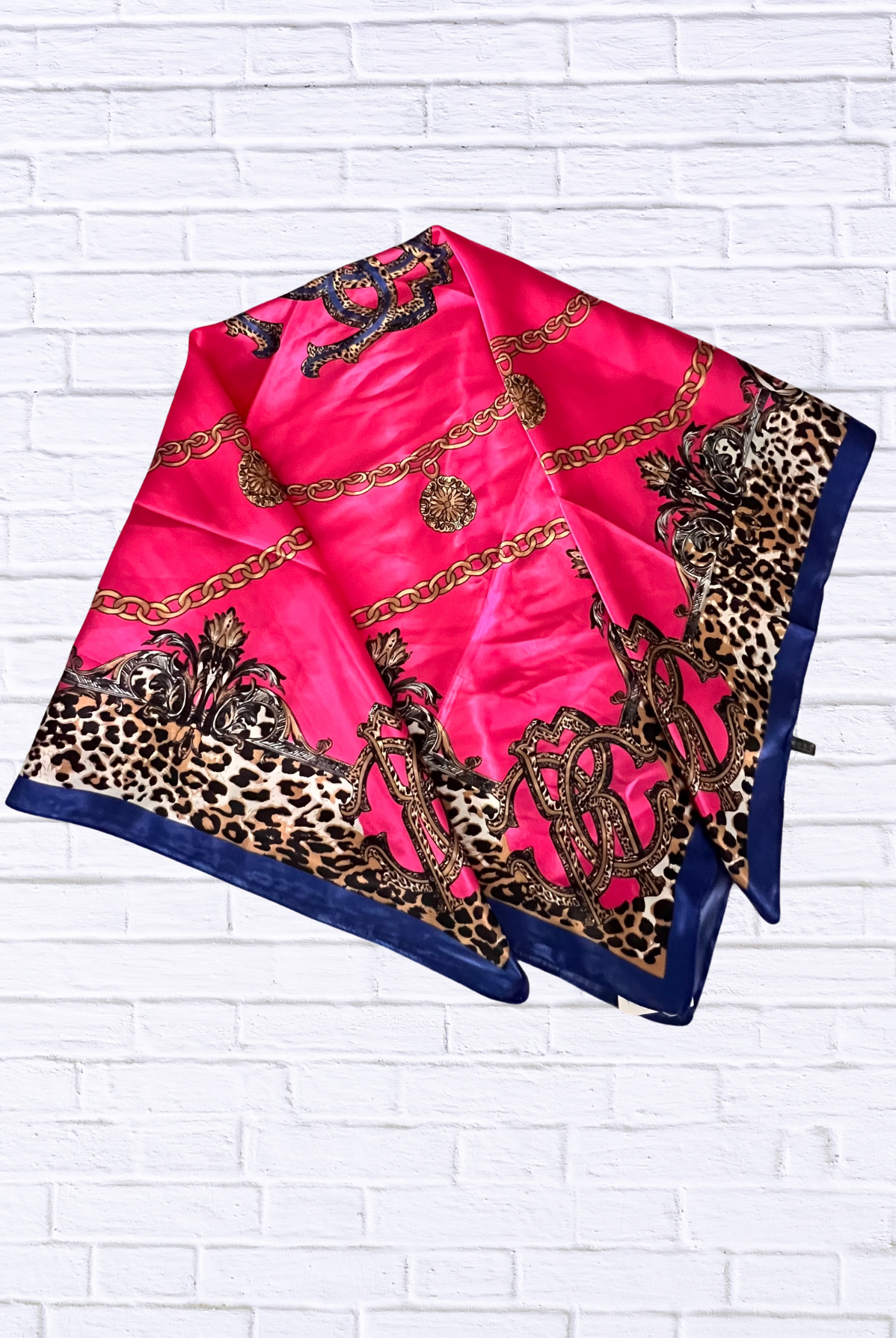 Luxury Chain & Leopard Print Silk Feel Scarf _ Hot Pink Glamour