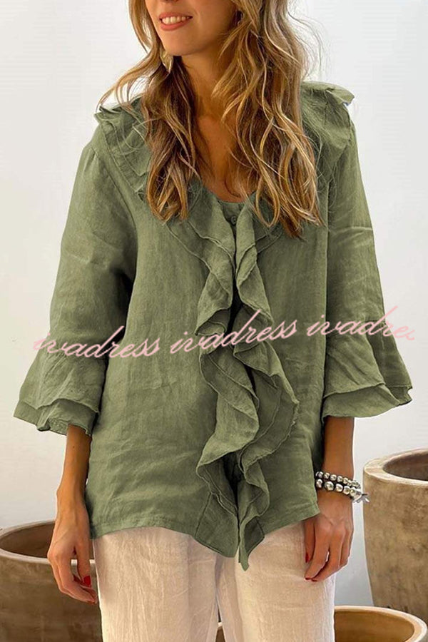 Solid Color V-neck Ruffled Casual Loose Top
