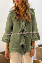 Solid Color V-neck Ruffled Casual Loose Top