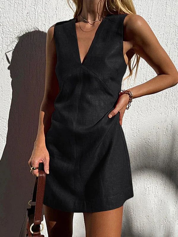 Lazy Style V Cotton Linen Sleeveless Midi Dress