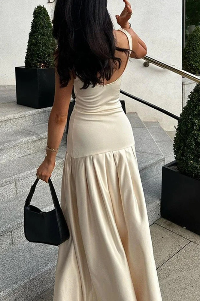Scoop Neck Drop Waist Box Pleat Structured A-Line Maxi Dress