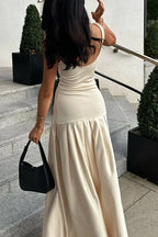 Scoop Neck Drop Waist Box Pleat Structured A-Line Maxi Dress
