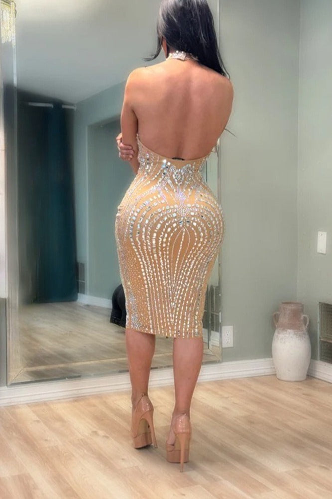 Rhinestone Mesh High Neck Sheer Panel Bodycon Midi Cocktail Dress