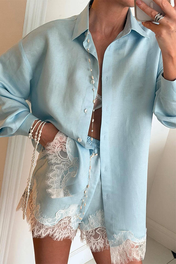 Linen Blend Shirt and Lace-trimmed Shorts Set