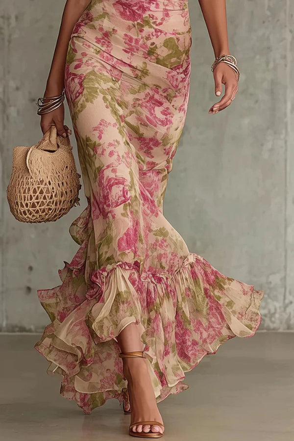 Unique Print Stand Collar Puff Sleeve Slim Fit Ruffle Maxi Dress