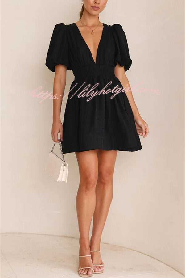 Deep V-Neck Puff Sleeve Smocked Waist Fit and Flare Mini Dress