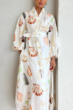 Mandarin Collar Button-Front Puff Sleeve Seashell Starfish Print Belted Maxi Shirt Dress