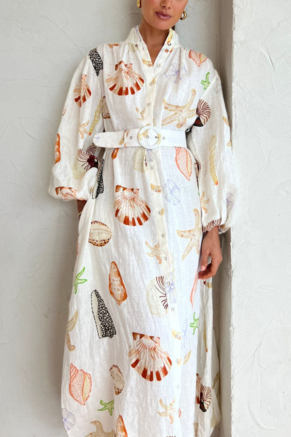 Mandarin Collar Button-Front Puff Sleeve Seashell Starfish Print Belted Maxi Shirt Dress