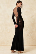Long Sleeve Lace Up Open Back Sheer Mesh Maxi Dress