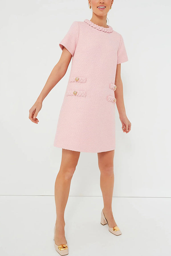 Tweed Braided Trim Crew Neck Button Welt Shift Mini Dress